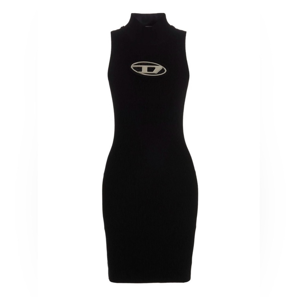 Diesel Black Ribbed Sleeveless Mini Dress with Logo Patch